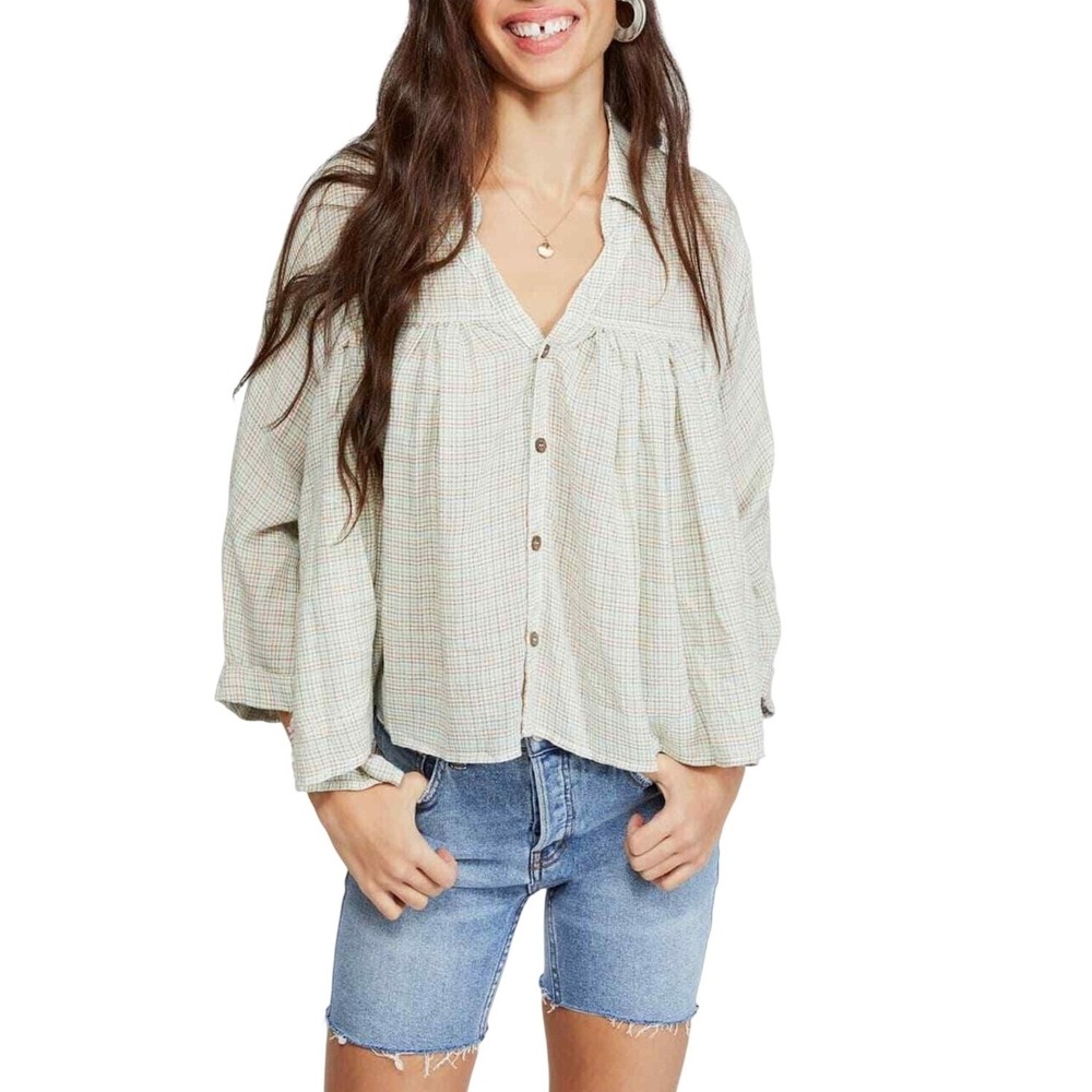 We The Free People Womens M Rainbow Picnic‎ Top Swing Button Down Boho Oversized